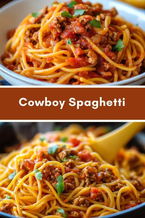 Cowboy Spaghetti Cowboy Spaghetti Recipes, Cajun Spaghetti, Cowboy Spaghetti, Bbq Spaghetti, Orange Zucchini, Mexican Spaghetti, Southern Potato Salad, Seven Layer Salad, Entertaining Friends