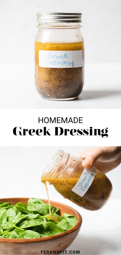 With an acidic, herby flavor and simple ingredients, this Greek dressing is versatile and so delicious! Best Greek Salad Dressing, Greek Salad Dressing Recipe, Homemade Greek Dressing, Best Greek Salad, Fed And Fit, Healthy Dressing, Greek Dressing, Greek Salad Dressing, Fit Recipes