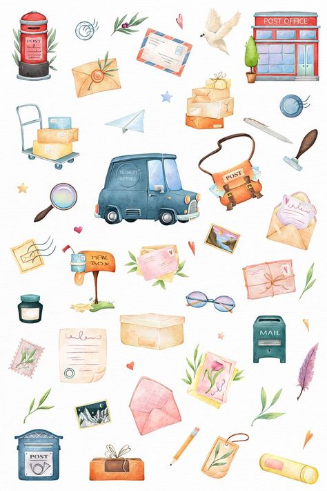 Post Office Clipart, Office Clipart, Office Cartoon, Shopping Clipart, Mail Truck, Etsy Stickers, Pretty Planners, Clip Arts, Office Items