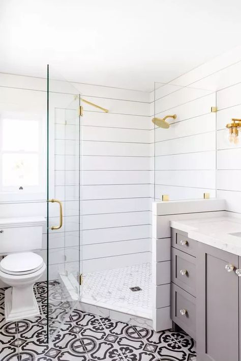 Corner Shower Ideas and Inspiration | Hunker Colored Vanity, Shiplap Bathroom, Ship Lap, Waterproof Bathroom, Gold Fixtures, Bad Inspiration, Shower Bathroom, Diy Bathroom Remodel, Modern Farmhouse Bathroom