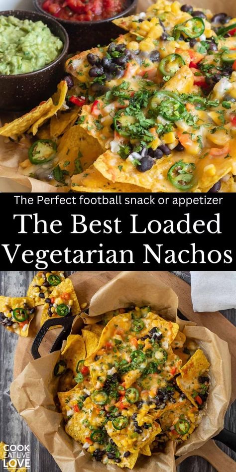 Looking for the perfect football snack or easy appetizer for game day? These loaded vegetarian nachos are packed with bold flavors and healthy ingredients, making them the ultimate comfort food. Ready in minutes, this easy appetizer will be a crowd favorite for any party or gathering. Whether you're entertaining or enjoying a cozy night in, these nachos offer a delicious, plant-based twist on a classic favorite. #footballsnacks #gamedaysnacks #nachos Vegetarian Loaded Nachos, Nacho Vegetarian, Game Day Food Vegetarian, Vegetarian Nachos Recipe Easy, Loaded Nachos Recipe Vegetarian, Vegetarian Game Day Food, Vegetable Nachos, Nachos Recipe Vegetarian, Meatless Nachos