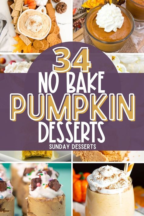 34 Decadent No-Bake Pumpkin Dessert Ideas - Sunday Desserts No Bake Pumpkin Snacks, East Fall Dessert Recipes, Pumpkin Deserts Easy Dessert Recipes, No Bake Pumpkin Puree Recipes, Easy Canned Pumpkin Recipes Desserts, Easy Pumpkin Desserts No Bake, Fall Desserts No Bake, Halloween Desserts Easy No Bake, Easy Fall Desserts No Bake