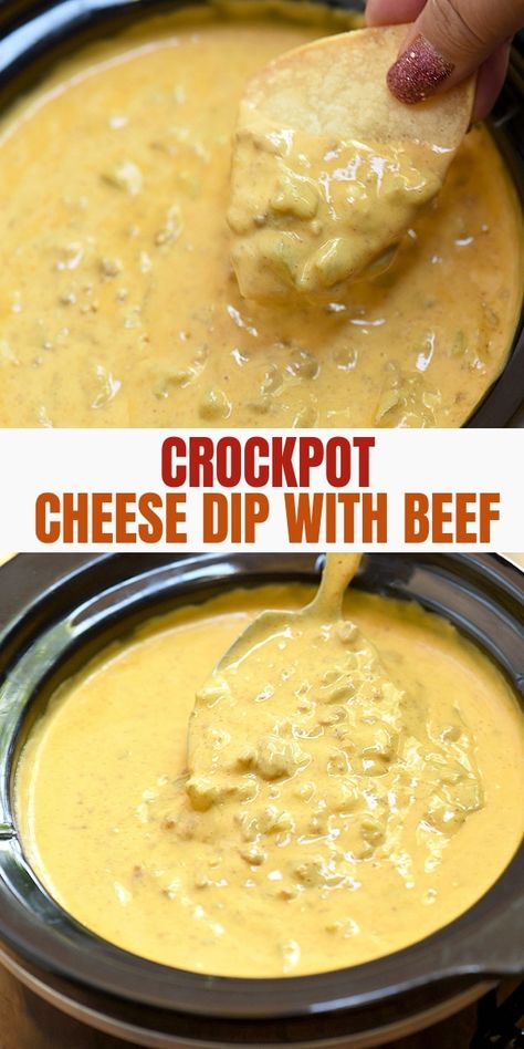 Beef Cheese Dip made easy in the slow cooker! Loaded with taco meat, cheese, and diced green chilies, it's seriously addicting! Queso With Meat Crockpot, Queso Dip With Meat Crockpot, Meat Cheese Dip Crock Pot, Taco Meat Queso Dip, Velveeta Meat Cheese Dip, Nacho Cheese Dip With Meat Ground Beef, Crockpot Cheese Dip Velveeta Ground Beef, Velveeta Queso Dip Crock Pot Ground Beef, Meat Queso Dip Crock Pot