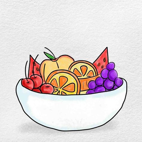 How to Draw Fruit - HelloArtsy Bowl With Fruit Drawing, Fruit Bowl Drawing Easy, Bowl Of Fruit Drawing, Fruits Drawing Easy, Frutas Aesthetic, Fruit Bowl Drawing, Fruit Bowl Art, Class Drawing, Fruit Doodle