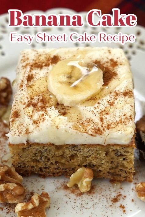 Banana Bread Sheet Cake, Simple Sheet Cake Recipes, Sheet Pan Banana Cake, The Best Banana Cake In The World, Best Banana Desserts, Banana Cake Without Sour Cream, Simple Banana Cake Recipe, Simple Banana Cake Recipe Easy, 9x9 Dessert Recipes