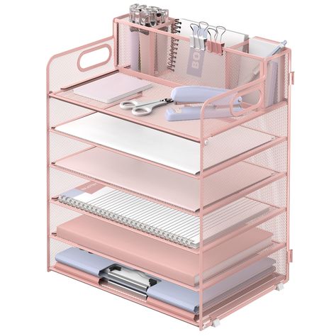 PRICES MAY VARY. [6 Trays & 3 Pen Holders] "Supeasy" pink desk organizers are multifunctional. This paper organizer provides 6 trays for organizing papers, letters, folders, files, books, mails, documents, etc. The pen holders on the top help organize your various pens, small notebooks, scissors and stapler. Our file organizer gives you large capacity for desk organization, keeping your office clean and tidy. [Sturdy] This file folder organizer is wholly made of metal mesh. Due to the mesh const Desk For Girls Room, Desk Paper Organizer, Organizing Papers, Pink Office Supplies, Organizer For Desk, Notebook Organizer, Desk Organizer Tray, Folder Organizer, Book Organizer