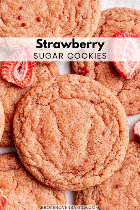 Soft and Easy Strawberry Sugar Cookies Freeze Dried Strawberry Recipes, Strawberry Cookies From Scratch, Strawberry Sugar Cookie Recipe, Strawberry Oatmeal Cookies, Strawberry Cookies Recipe, Dehydrated Strawberries, Strawberry Sugar Cookies, Strawberry Stuff, Strawberry Cookie