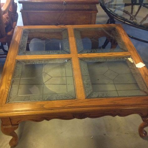 Found an outdated coffee table at the used furniture store for $65 bucks.  It was solid oak and had interesting glass cutouts.  I immediately knew what I wanted… Glass Top Coffee Table Makeover Diy, Glass Coffee Table Makeover, Refurbished Coffee Tables, Coffee Table Restoration, Coffee Table Upcycle, Coffee Table Redo, Table Redo, Coffee Table Makeover, Old Coffee Tables