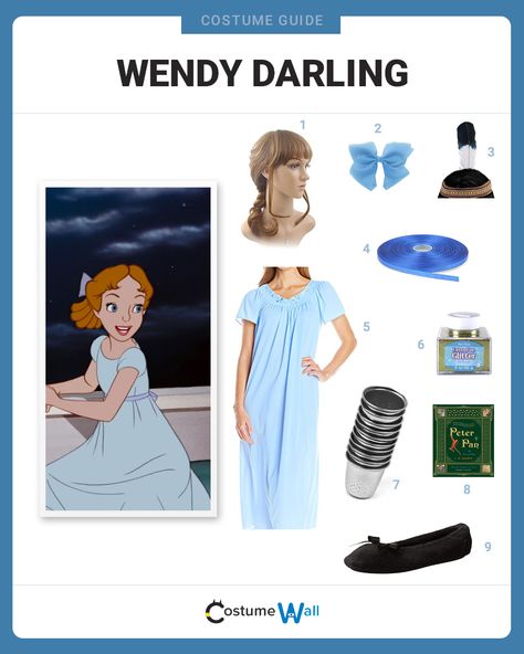 The best costume guide for dressing up as Wendy Darling, the oldest sister who journeys to Never Land in the classic Disney movie Peter Pan. Wendy Costume Diy, Diy Wendy Darling Costume, Diy Wendy Costume, Movie Characters To Dress Up As, Wendy Peter Pan Costume, Maleficent Costume Kids, Wendy Costume, Disney Costumes Diy, Peter Pan Costumes