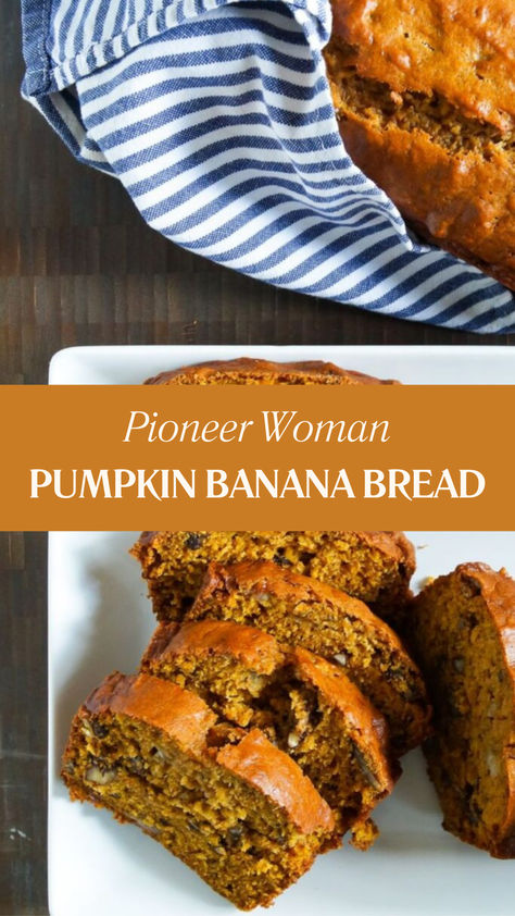 Pioneer Woman Pumpkin Banana Bread is made with all-purpose flour, baking soda, kosher salt, baking powder, cinnamon, ginger, cloves, nutmeg, granulated sugar, brown sugar, vegetable oil, eggs, pumpkin puree, ripe banana, and chopped pecans. This easy Pumpkin Banana Bread recipe creates a tasty dessert that takes about 65 minutes to prepare and can serve up to 16 people. Recipes Using Whole Pumpkin, Banana Bread Recipe With Pumpkin, Pumpkin Banana Bread Pioneer Woman, Pumpkin Banana Nut Bread Recipe, Best Pumpkin Banana Bread, Brown Butter Pumpkin Banana Bread, Banana Bread With Pumpkin Puree, Pumpkin Bread With Bananas, Pumpkin Banana Bread Machine