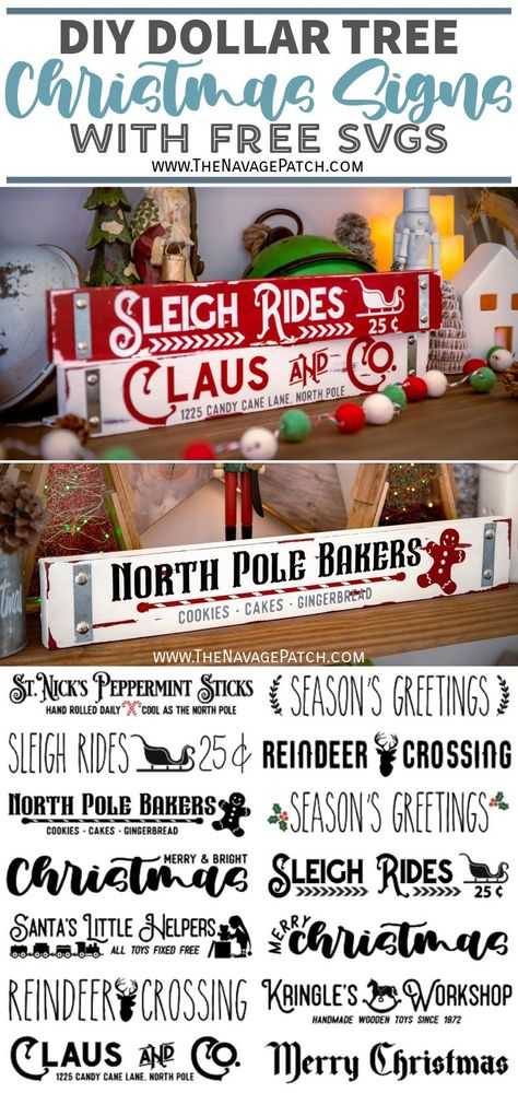 Free Svg Files For Cricut Christmas Reindeer, Winter Signs Wooden Diy, Rustic Christmas Signs Wood, Dollar Tree Christmas Signs, Dollar Tree Cricut Projects, Diy Christmas Signs, Diy Dollar Tree Christmas, North Pole Sign, Glowforge Ideas