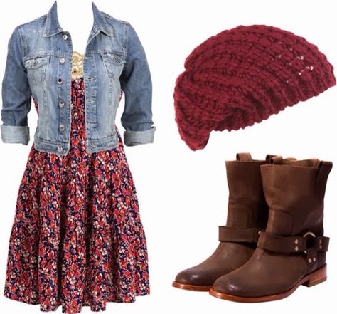 Floral dress, denim jacket, boots and a beanie. Such a cute outfit! Weather Today, Dress With Jean Jacket, Stil Inspiration, Perfect Weather, Flowy Dress, Mode Style, Mode Outfits, Outfits Casuales, A Dress