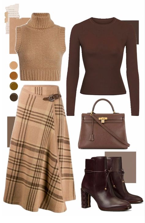 Modest Fall Outfits Aesthetic, Old Money Chic Outfits, Casual Classy Fall Outfits, Outfits With Brown Skirt, Cold Weather Work Outfit, Brown Outfits For Women, Brown Fall Outfits, Fall Shopping Outfit, Brown Aesthetic Outfit