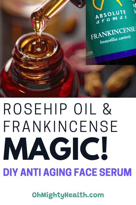 DIY anti aging face serum with frankincense. Text reads: Rosehip oil and frankincense magic! DIY anti aging face serum. All Natural Face Serums, Good Face Oils, Diy Frankincense Face Serum, Doterra Face Serum Recipe, Essential Oil Recipes For Skin Anti Aging Facial Serum, Diy Rosehip Oil Recipe, Diy Serum For Dry Skin, Better Than Botox Diy Anti Aging, Diy Face Oil Recipe