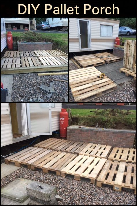 Outdoor Patio With Pallets, Camper Patio Ideas Diy, Porch With Pallets, Rv Pallet Deck Ideas, Building A Porch On A Budget, Diy Porch Floor Ideas, Pallet Skirting For Mobile Homes, Patio Out Of Pallets, Easy Patio Flooring Diy