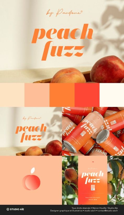 Identité visuelle et packaging de boisson | Peach Fuzz Pantone | Studio Aïe businesslogodesign #logocollection #massagetherapistbrand #creativelogodesign🗓️. Peach Graphic Design, Restaurant Logo Design Ideas Simple, Peach Branding, Peach Packaging, Artist Logos, Insta Logo, Food Brand Logos, Organic Food Logo, Logo Design Graphics