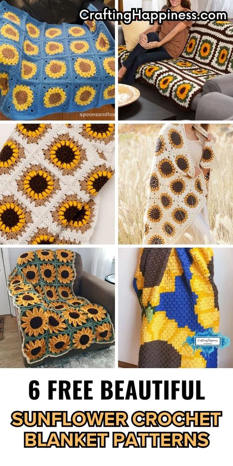 Embrace the beauty of sunflowers with these crochet blanket patterns that radiate warmth and happiness. Curated by Crafting Happiness. Sunflower Crochet Blanket, Free Crochet Sunflower, Sunflower Blanket, C2c Crochet Blanket, Sunflower Crochet, Summer Sunflower, Pixel Crochet, Flower Blanket, Crochet Sunflower