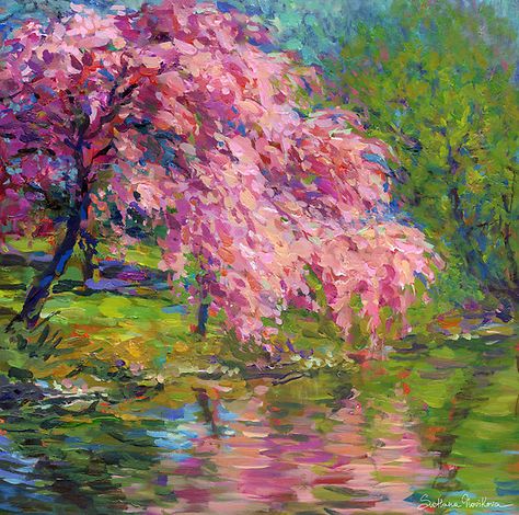 Tree Landscape, Impressionism Painting, Pink Trees, Impressionist Art, Cherry Tree, Landscape Trees, Tree Art, Tree Painting, In Bloom