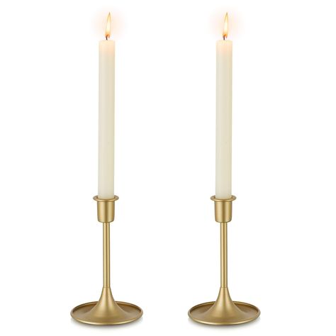 PRICES MAY VARY. Elegant Design: gold candle holders for taper candle with a matte finish and curly base, simple but stylish, Suitable for different types of home styles, modern minimalist, vintage, and minimalist Alloy Material: this candle holder for candlesticks is made of alloy, for long lasting use; lightweight but can hold taper candles not topple over. Measurements: this short candle stand measures 6.5" tall, and 4" wide at bottom, fits 0.87" tapered candle. Multi-occasional: this taper c Table Centerpieces Wedding Candles, Gold Candle Stick Holders, Vintage Table Centerpieces, Festive Dining Table, Wedding Reception Tables Centerpieces, Table Centerpiece Wedding, Candle Table Centerpieces, Tapered Candle, Candle Stick Holder