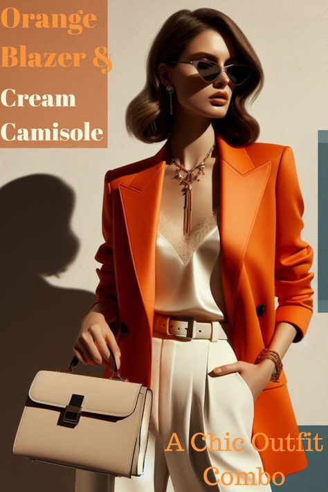 Concise Image Description]
Model wears a stylish spring outfit: orange blazer, cream camisole, white pants, and a beige bag.
Accessories include sunglasses, a faux gold necklace, and a cream belt.
Color-coordinated text highlights key outfit elements, and "A Chic Outfit Combo" caption adds context.
The image showcases a trendy spring ensemble with harmonious colors and accessories. Outfits With Orange, Orange Blazer Outfits, Business Casual Style, Orange Blazer, Blazer Outfit, Fashion Business Casual, Office Look, Blazer Outfits, Business Casual Outfits