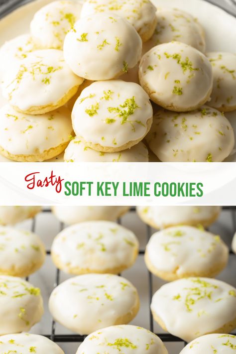 The Best Key Lime Cookies - These melt-in-your-mouth soft sugar cookies have fresh limes in the dough and sweet glaze, so every bite is bursting with delicious summer citrus flavor! | A Spicy Perspective Key Lime Cookie Recipe, Key Lime Cookies, Key Lime Desserts, Cookie Glaze, Most Pinned Recipes, Lime Cookies, Lime Desserts, Sweet Glaze, A Spicy Perspective