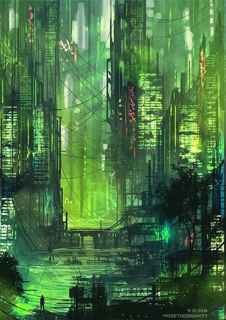 Green canal Ville Cyberpunk, Futuristic Cityscape, Art Cyberpunk, Sci Fi City, Dark Green Aesthetic, New Retro Wave, Cyberpunk Aesthetic, Cyberpunk City, Arte Cyberpunk