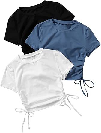 GORGLITTER Women's 3pcs Drawstring Ruched Tops Short Sleeve Round Neck Summer Crop Tee T Shirt Tops Short Sleeve, Ruched Top, Kids Luggage, Luxury Store, Crop Tee, Pharmacy Gifts, Short Tops, Short Sleeves Tops, Beauty And Personal Care