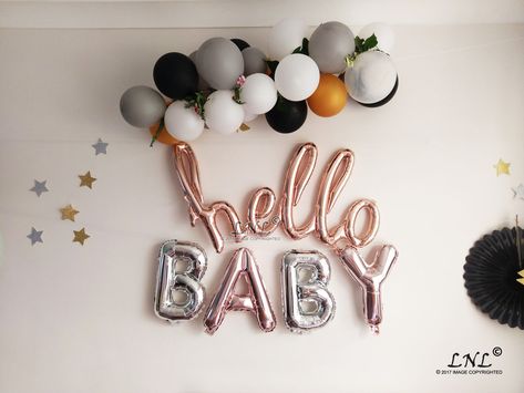 Hello Baby Rose Gold Balloons Script Balloons Silver Letters Baby Shower Gender Home Gender Reveal, Indian Baby Shower Decorations, Welcome Baby Party, Baby Balloons, Baby Homecoming, Hello 40, Welcome Home Decorations, Indian Baby Showers, Baby Boy Decorations