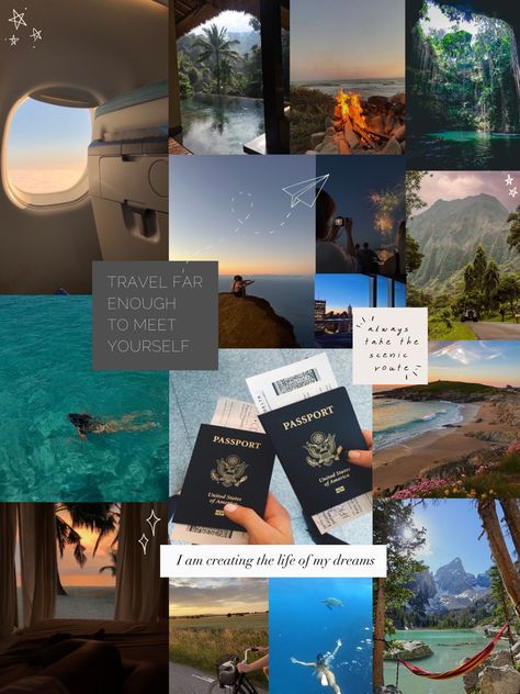 vision board • 2023 • 2024 • summer • travel • beach • mountains • trip • manifest • collage • swim • plane • aesthetic Vision Board Ideas Inspiration Travel, Vision Board New Experiences, Beach Vacation Vision Board, Dream Job Vision Board Ideas, Vision Board Inspo Travel, Business Class Travel Aesthetic, Traveling Aesthetic Collage, Vision Board Travel Ideas, Vison Boards Ideas 2023 Travel