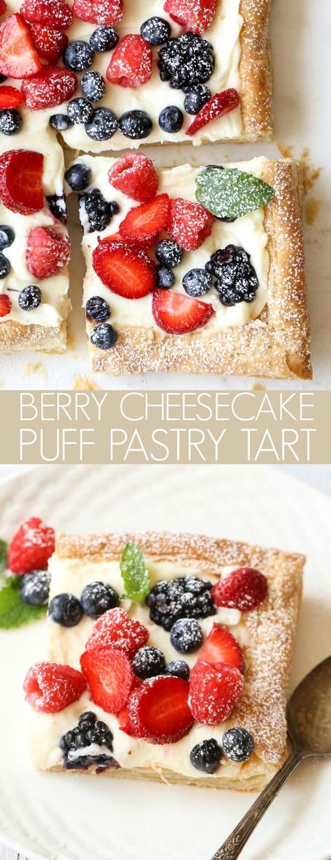 Pastry sheets with a mascarpone cheesecake filling and topped with your favorite berries. The perfect combination of flavors. #puffpastry #pastry #berry #cheesecake Strawberry Mascarpone Tart, Berry Tarts Recipe, Fruit Torte Recipe Berries, Berry Tart Recipe Easy, Berry Recipes Dessert, Puff Pastry Mascarpone, Desserts With Marscapone, Puff Pastry Fruit Tart, Marscapone Recipes Desserts