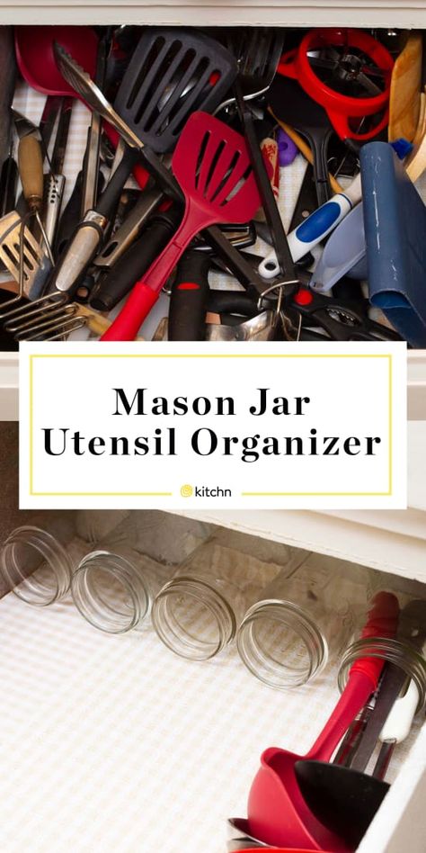 Diy Utensil Organizer, Organize Kitchen Drawers, Mason Jar Storage, Utensil Organizer, Organize Kitchen, Utensil Drawer, Kitchen Drawer Organization, Utensil Organization, Jar Storage