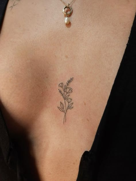 Tattoo On Sternum Women, Upside Down Flowers Tattoo, Centre Chest Tattoo Female, Sternum Flower Tattoo Women, Flower Between Breast Tattoo, Lower Chest Tattoos For Women, Fineline Sternum Tattoo, Sternum Tattoo Dainty, Sturnum Tattoos