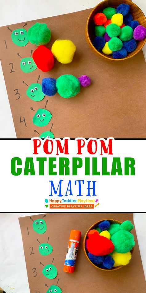 Simple Counting Activities For Preschoolers, Pom Pom Caterpillar Counting, Counting Projects For Preschoolers, Preschool Pom Pom Crafts, Cognitive Math Activity For Preschool, Teaching Counting To Toddlers, Diy Math Activities For Preschool, Math Activities For Two Year Olds, Number Art Activities Preschool