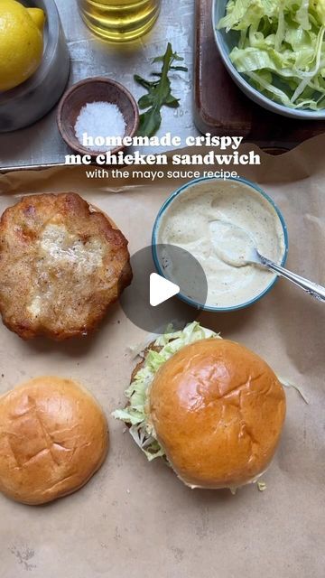 Iram Mansoor on Instagram: "Crispy mc chicken sandwich with mayo sauce. 🍔  Ingredients:  For the chicken patty:  - 2 lb boneless chicken breast, minced - Salt and pepper to taste - 1 tbsp garlic powder - 1 tbsp onion powder - Oil for frying  For the chicken patty coating:  - 8 tbsp all-purpose flour - Salt and pepper to taste - 1 tsp garlic powder - 1 tsp onion powder - 1/3 cup water  For the sauce:  - 1 cup mayonnaise - 2 tbsp Dijon mustard - Salt and pepper to taste - 1/2 tsp white vinegar  To assemble:  - Brioche buns - Lettuce, diced  Method:  1. In a mixing bowl, combine minced chicken. Season with salt, pepper, garlic, and onion powder. Mix well until combined.  2. Grease hands with a little oil and shape into round patties. Place them on a baking sheet lined with parchment paper an Mc Chicken, Wet Batter, Chicken Season, Chicken Patty, Chicken Sandwich Recipe, Minced Chicken, Mayo Sauce, Chicken Sandwich Recipes, Sandwich Ingredients