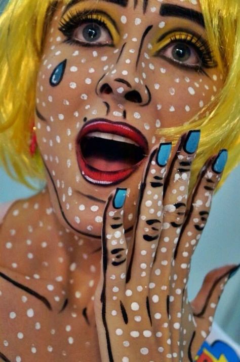 Pop Art Kostüm, Comic Book Makeup, Carnaval Make-up, Pop Art Costume, Make Carnaval, Cartoon Makeup, Pop Art Makeup, Art Costume, Idee Cosplay