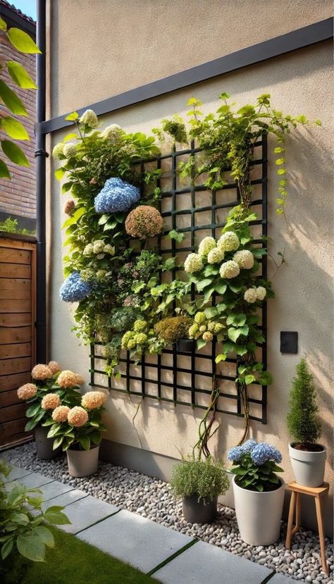 10 Stunning Fence Trellis Ideas to Transform Your Garden 24 Hanging Plants On Wall Outdoor, Outside Window Decor Exterior Design, Condo Patio Decorating Ideas, Yard Wall Ideas, Garden Fence Decoration Ideas, Backyard Trellis Ideas, Fence Trellis Ideas, Outdoor Feature Wall Ideas, Pool Trellis