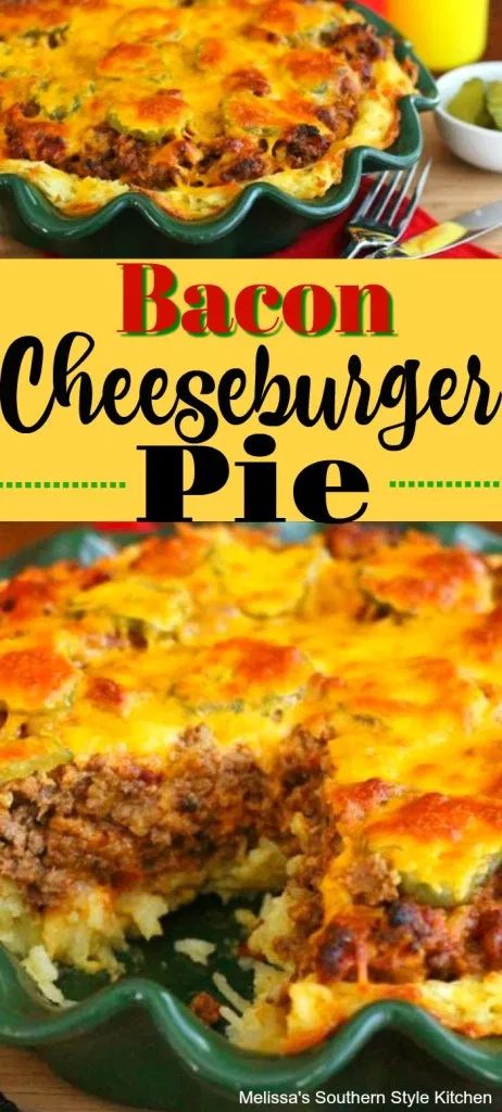 Bacon Cheeseburger Pie, Farmhouse Cooking, Deep Dish Pie, Cheeseburger Pie, Pantry Recipes, Oven Temperature, Cheeseburger Casserole, Pizza Burgers, Slotted Spoon