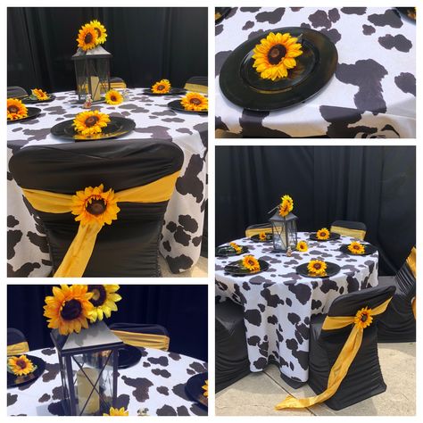 Cow Print And Sunflower Wedding, Sunflower Cow Birthday Party, Sunflower Cowgirl Party, Cow Print And Sunflowers Party, Cow Print Table Decorations, Cow Print Sweet 16, Cow Print Sweet 16 Party Ideas, Sunflower And Cow Birthday Party, Cow And Sunflower Baby Shower Theme