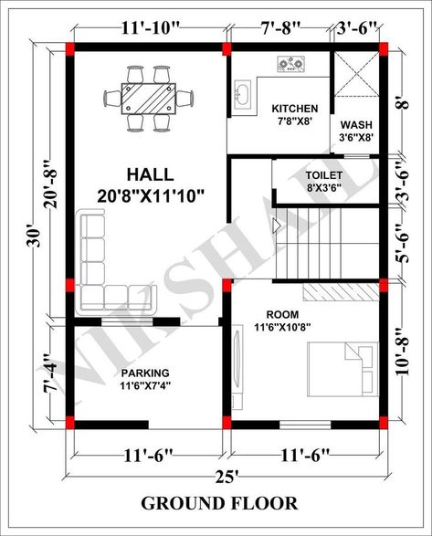 Vastu Complaint 1 Bedroom (bhk) Floor Plan For A 20 X 30 Feet Plot (600 Sq Ft Or 67 Sq Yards). Chec… 1BA 25x30 House Plans, Micro House Plans, 20x30 House Plans, Square House Plans, West Facing House, Budget House Plans, 20x40 House Plans, 30x40 House Plans, Duplex Floor Plans