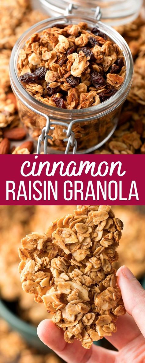 granola in jar and granola clusters Granola Recipe With Raisins, What To Do With Raisins, Granola Recipe With Maple Syrup, Cinnamon Raisin Granola Recipe, Granola With Raisins, High Protein Granola Recipe, Cinnamon Raisin Granola, Low Calorie Granola, Raisin Granola