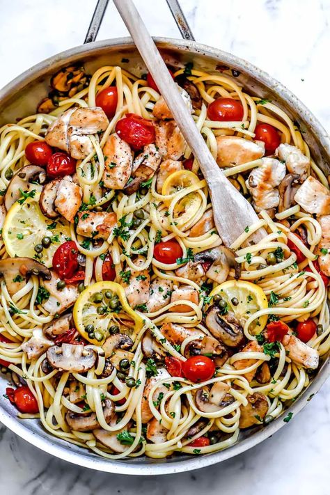 Chicken Piccata Pasta with Tomatoes and Mushrooms| foodiecrush.com Chicken With Mushrooms And Tomatoes, Tomato Caper Pasta, Capers Pasta Recipe, Medley Tomatoes Recipes, Mushroom And Tomato Pasta, Light Tomato Pasta, Chicken And Tomato Pasta Recipes, Lemon Tomato Pasta, Chicken And Linguine Recipes