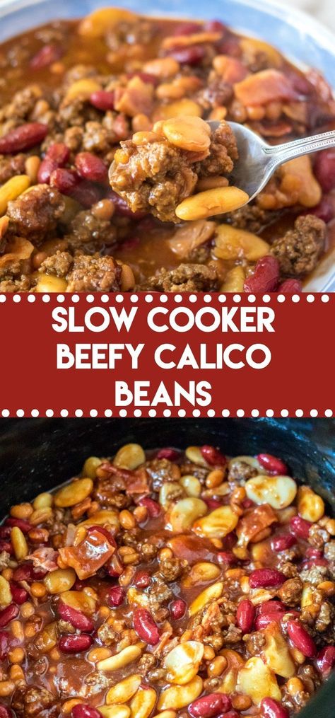 Hobo Beans Recipe, Calico Baked Beans, Calico Beans Recipe, Beans Recipe Crockpot, Calico Beans, Slow Cooker Ground Beef, Beans In Crockpot, Slow Cooker Beans, Baked Bean Recipes