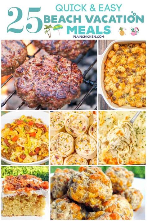 Quick Easy Recipes For 2, Easy Meals At Airbnb, Easy Meals To Make At The Beach, Cheap Beach Meals, Beach Cooking Ideas, Easy Vrbo Meals, Easy Dinners At The Beach, Easy Meals For Vacation At The Beach, Beach Trip Dinner Ideas