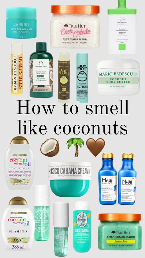 How to smell like coconuts 🌴 🥥🤎 #coconuts Body Hygiene Products Coconut, Products To Smell Like Coconut, Coconut Fragrance Aesthetic, Hygiene Products Coconut, Coconut Sent Products, Vanilla Coconut Scent Aesthetic, How To Smell Like A Cinnamon Roll, Signature Smell Ideas, Layering Coconut Scent