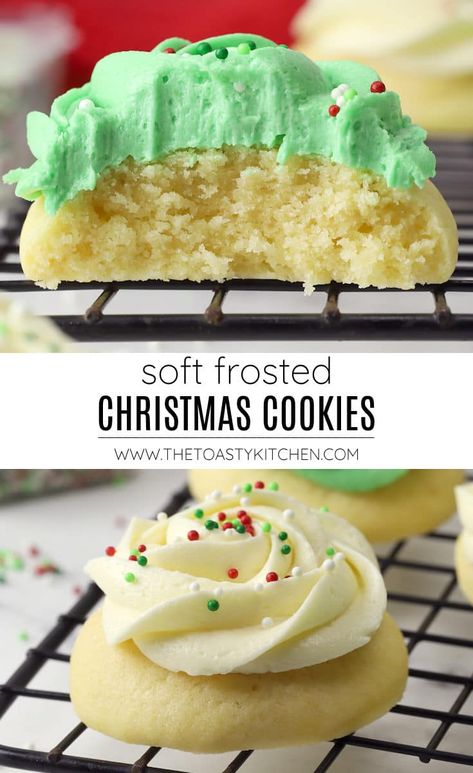 Soft Christmas Cookies Recipes Easy, Soft Sugar Christmas Cookies, Soft Icing For Sugar Cookies, Christmas Cookies Best Ever, Holiday Bakes Goods, Mary’s Sugar Cookies, Buttery Spritz Cookies Christmas, Sugar Cookie With Cream Cheese Frosting, Cake Like Sugar Cookies