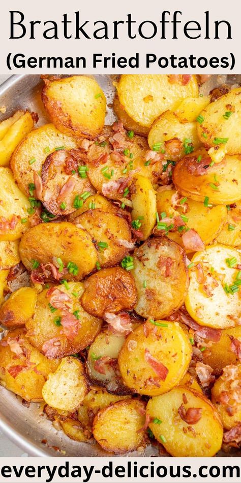 Bratkartoffeln are German fried potatoes. They are first boiled, then cut into slices and pan-fried, finally garnished with crispy bacon, onions, and chives. They make a fantastic side dish that you won´t have enough of! German Potato Recipes, German Fried Potatoes, Recipes With Potatoes, Easy German Recipes, Potatoes With Bacon, German Food Authentic, Potato Recipes Side Dishes, Potato Sides, Potato Side Dishes