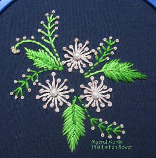 My craft works: Pistil stitch flower and MCP update Pistil Stitch Embroidery Designs, Pistil Stitch Embroidery, Pistil Stitch, Kamal Kadai, Small Motifs, Yellow Kurti, Neckline Embroidery, Aari Design, Stitches Crochet