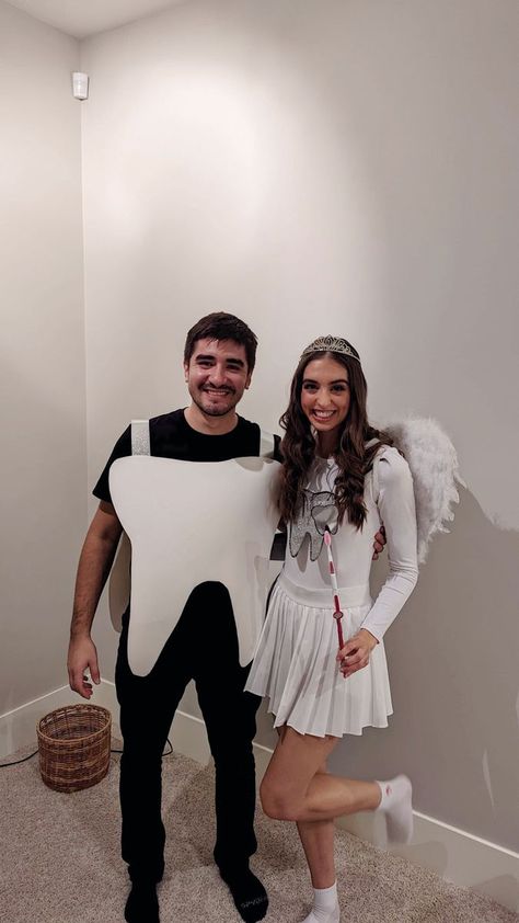 Tooth Fairy Family Costume, Tooth And Tooth Fairy Costume, Toothbrush And Toothpaste Costume, Halloween Costume Toothfairy, Tooth Costume Diy, Toothfairy Dentist Costume, Tooth Fairy Couple Costume, Couple Halloween Costumes Brown Hair, Fairy Costume Couple