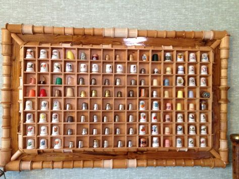 Beautiful thimble display case Thimble Display Ideas, Thimble Collection, Thrift Inspo, Miniature Quilts, Cross Stitching, Sewing Notions, Display Ideas, Sewing Room, Diy Flowers