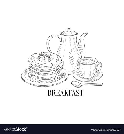 Breakfast With Pancakes, Breakfast Sketch, Breakfast Drawing, Breakfast Illustration, Speed Draw, Plate Drawing, Cool Easy Drawings, Mini Toile, Mother Days